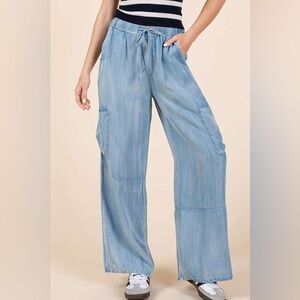 Mittoshop Washed Elastic Waist Cargo Wide Leg Pants
